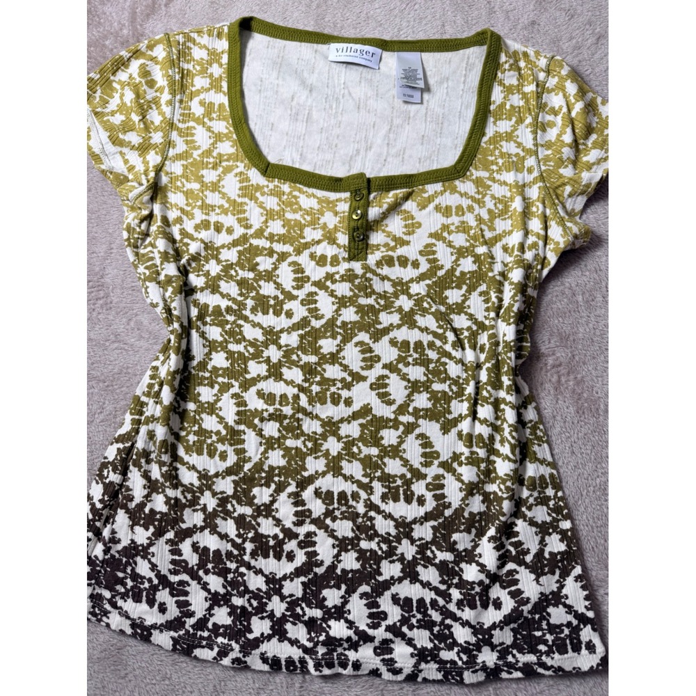 Villager Liz Claiborne Olive Green Brown Print Ribbed Henley Top M y2K Preppy